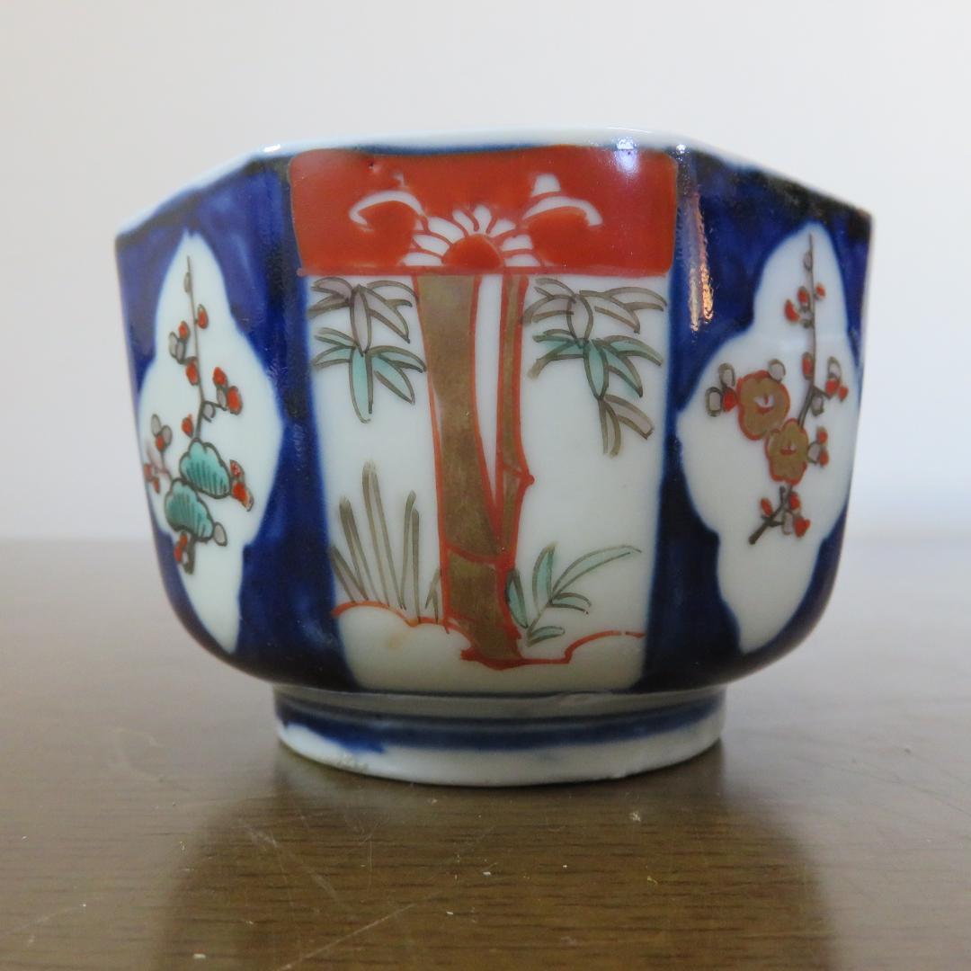 小鉢 向付 染付 色絵付け 江戸 明治 松竹梅 蝶 八角鉢 5客 美品