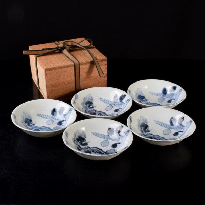 中国　南京染付　神獣文　小皿　豆皿　5客　時代箱付　C　R7810