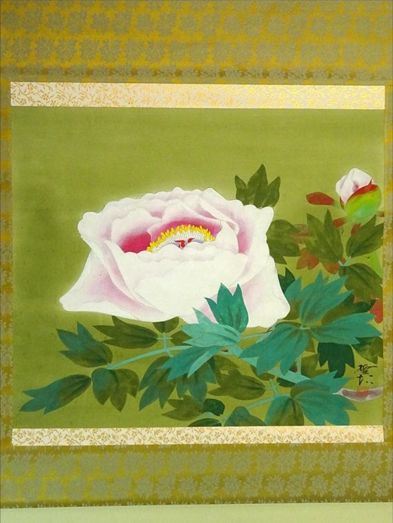 【真作】掛軸 飯島柳三郎『牡丹』絹本 肉筆 共箱付 掛け軸 a090311