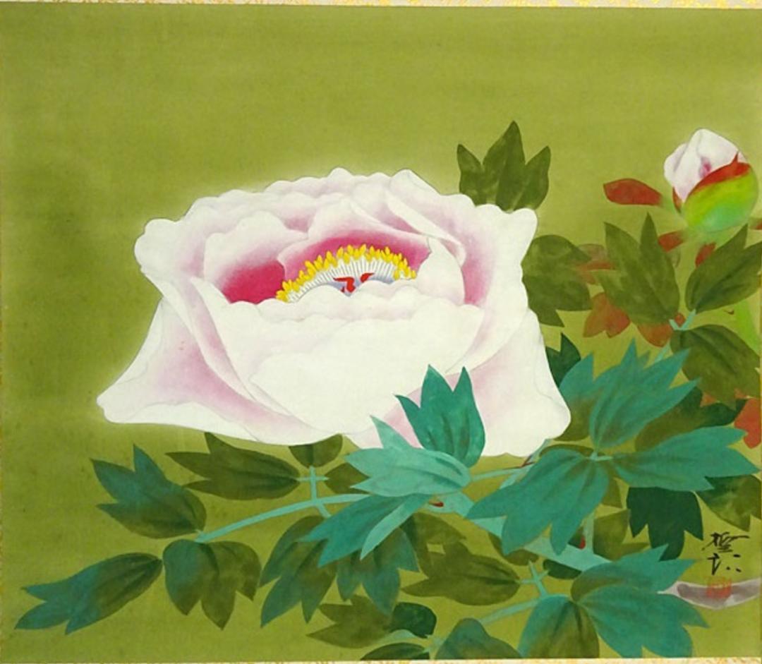 【真作】掛軸 飯島柳三郎『牡丹』絹本 肉筆 共箱付 掛け軸 a090311