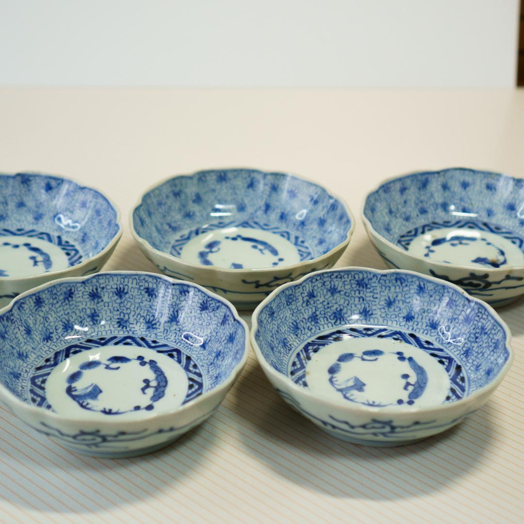 古伊万里　染付　微塵唐草 輪花縁　なます皿　成化年製 5枚セット