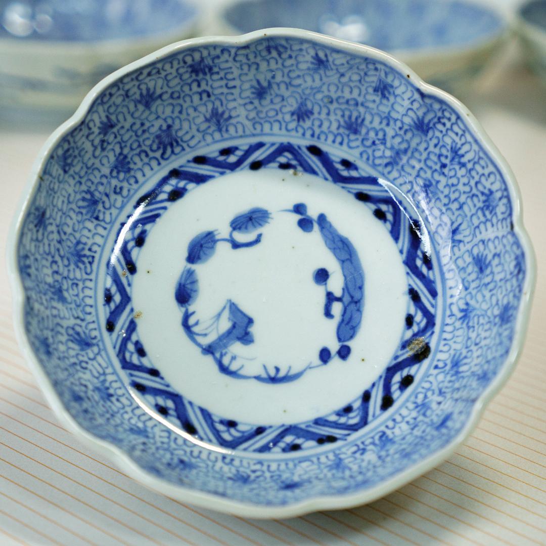 古伊万里　染付　微塵唐草 輪花縁　なます皿　成化年製 5枚セット