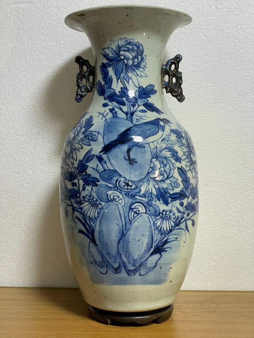 中国古玩　染付 双耳 大花瓶 高約43.2cm 清朝 時代物 中国美術 花瓶