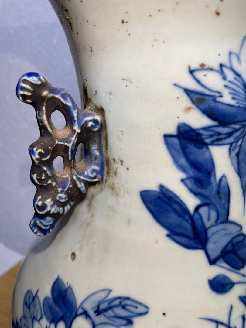 中国古玩　染付 双耳 大花瓶 高約43.2cm 清朝 時代物 中国美術 花瓶