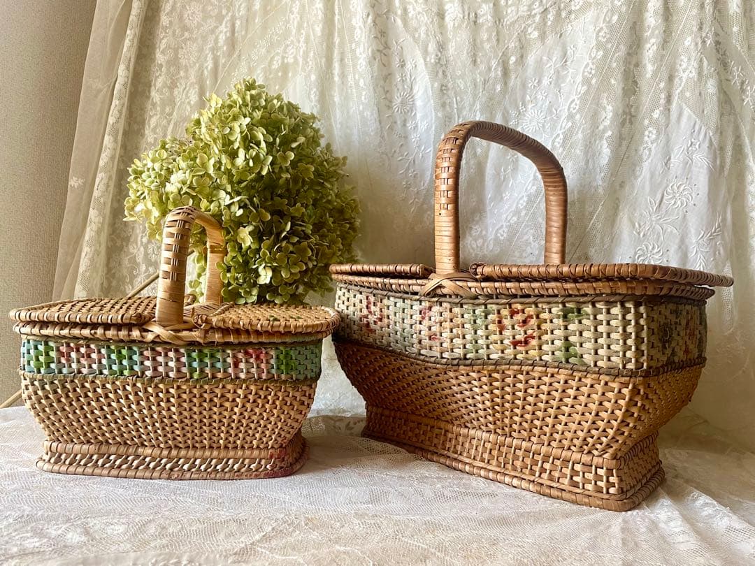 ローズパニエ大　バラペイント蓋付きバスケット　フランスアンティーク　かご　カゴ籠