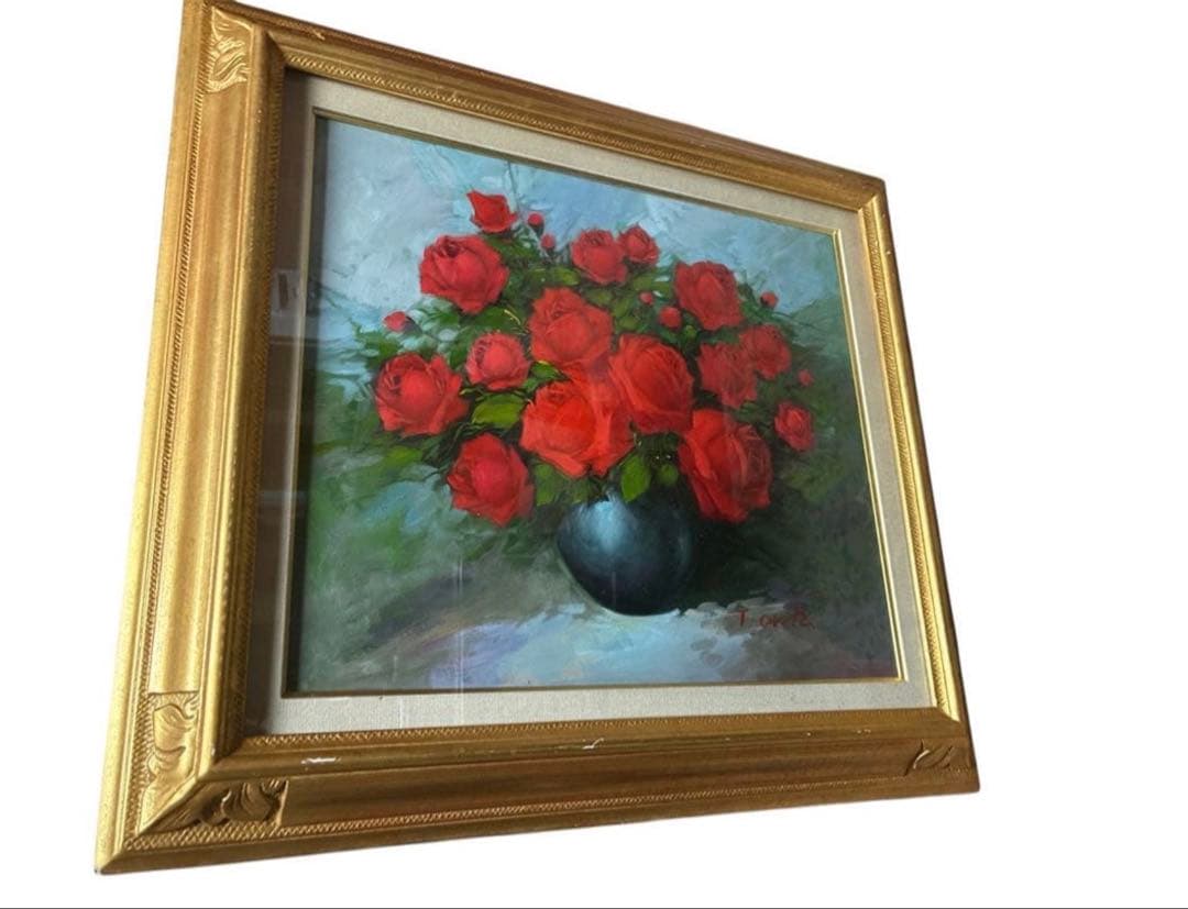 赤いバラの油彩画 金色フレーム