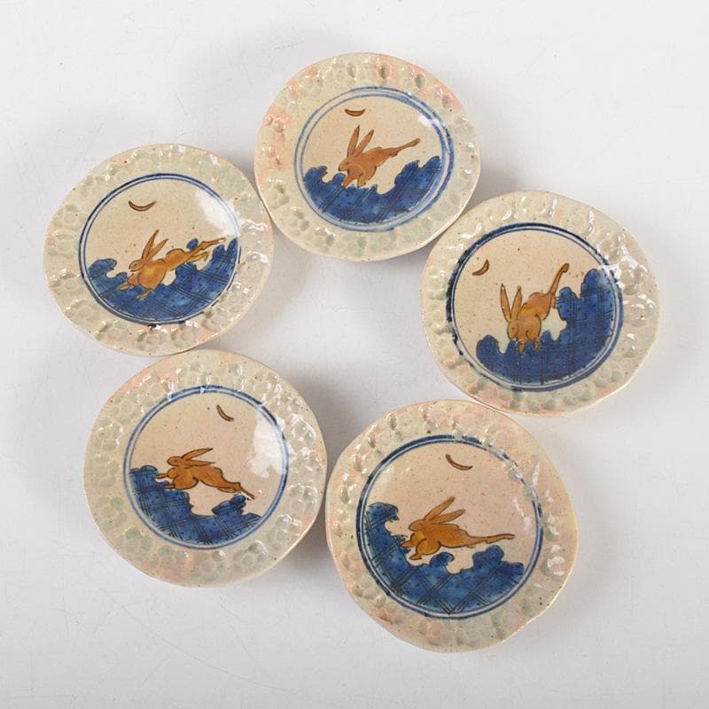九谷焼　長谷川紀代造　色絵　うさぎ文　小皿　手塩皿　五客　共箱　M　6445