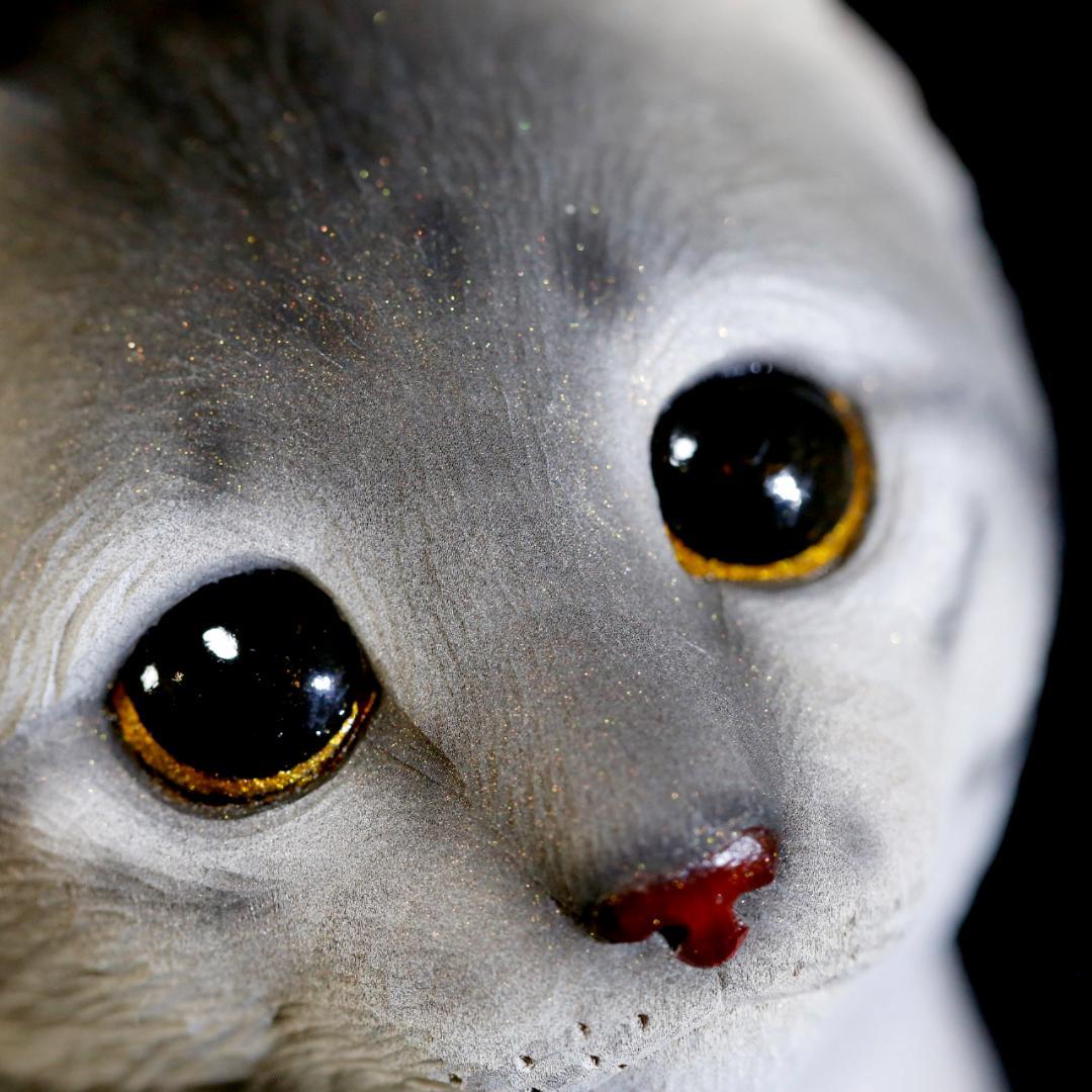 【レア美品】仔猫 子猫 長納魚竹 長納魚丈 彫刻 ネコ置物 箱あり 送料込み