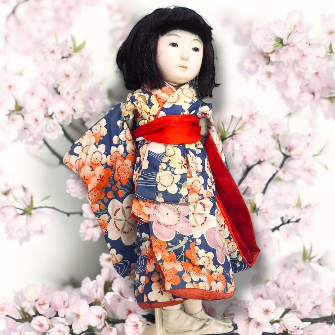 市松人形 明治期 1868年〜 三つ折れ ふいご 山桜 青縮緬着物 花柄 着物