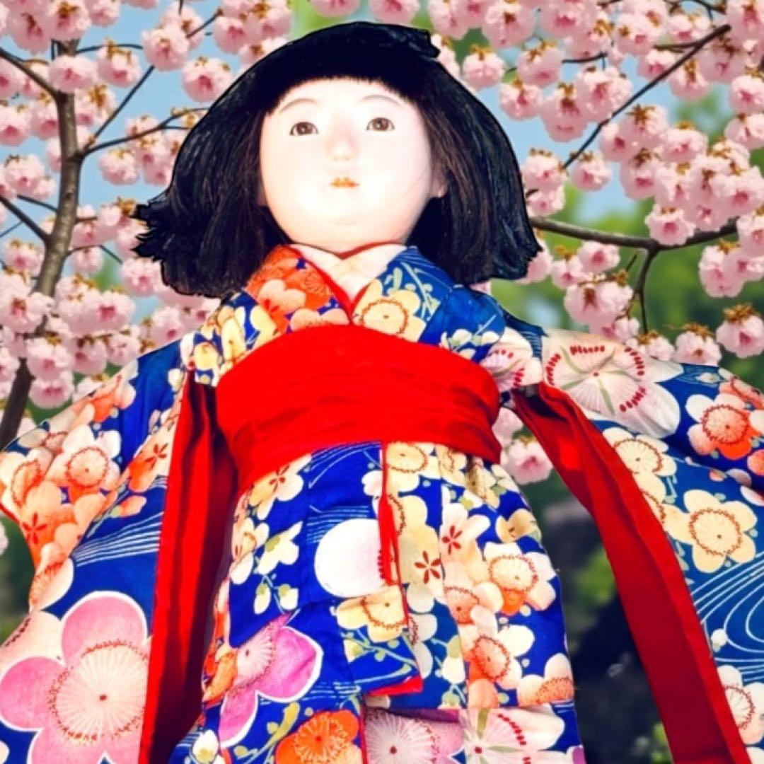 市松人形 明治期 1868年〜 三つ折れ ふいご 山桜 青縮緬着物 花柄 着物