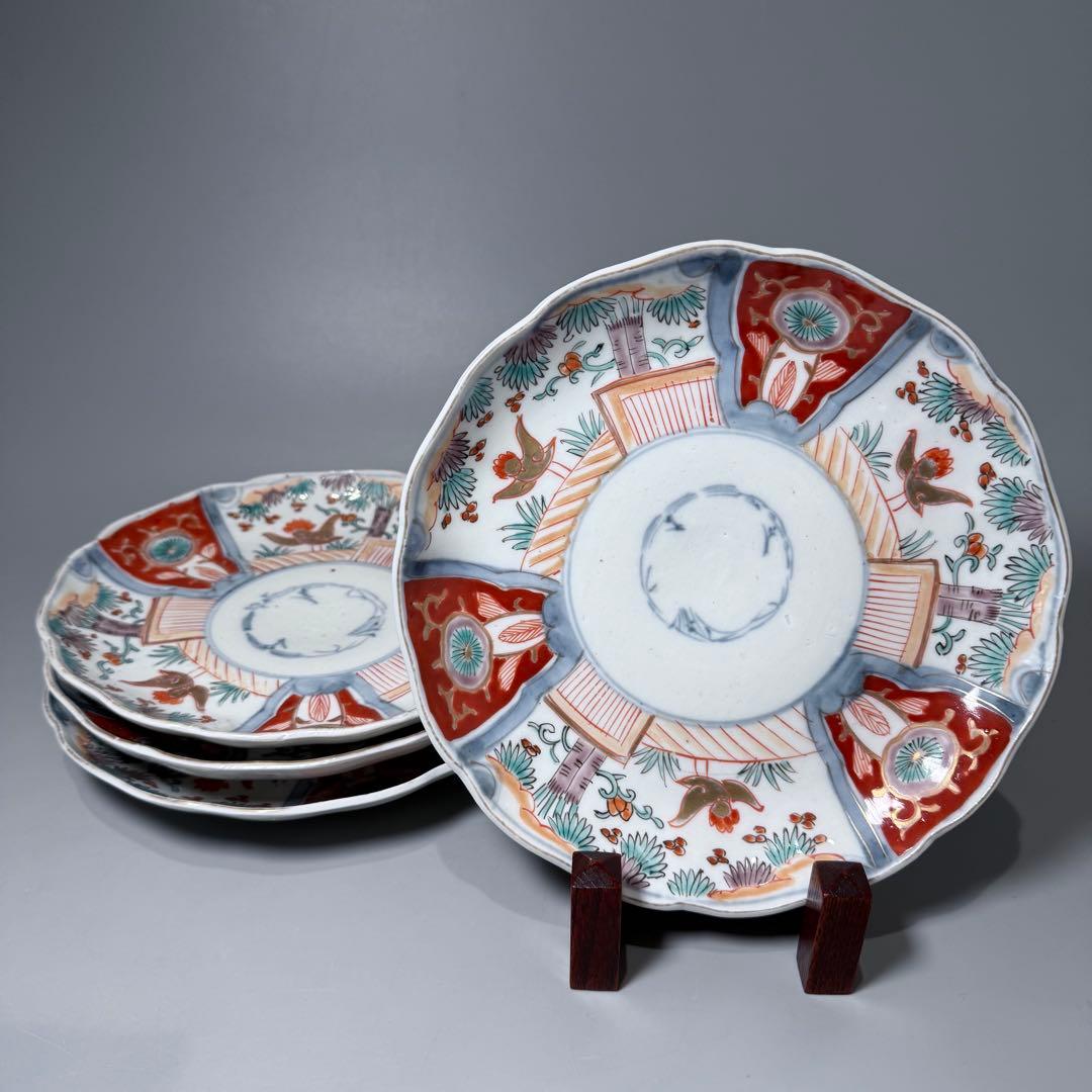 古伊万里　色絵花鳥図輪花形七寸皿　松竹梅　裏巻物文様　江戸期　金蘭手　最後の四枚