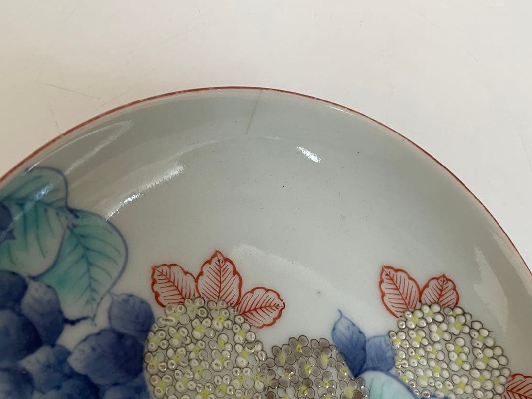 骨董　アンティーク　色絵紫陽花図　五寸皿　色鍋島　平戸　古平戸　ニュウあり