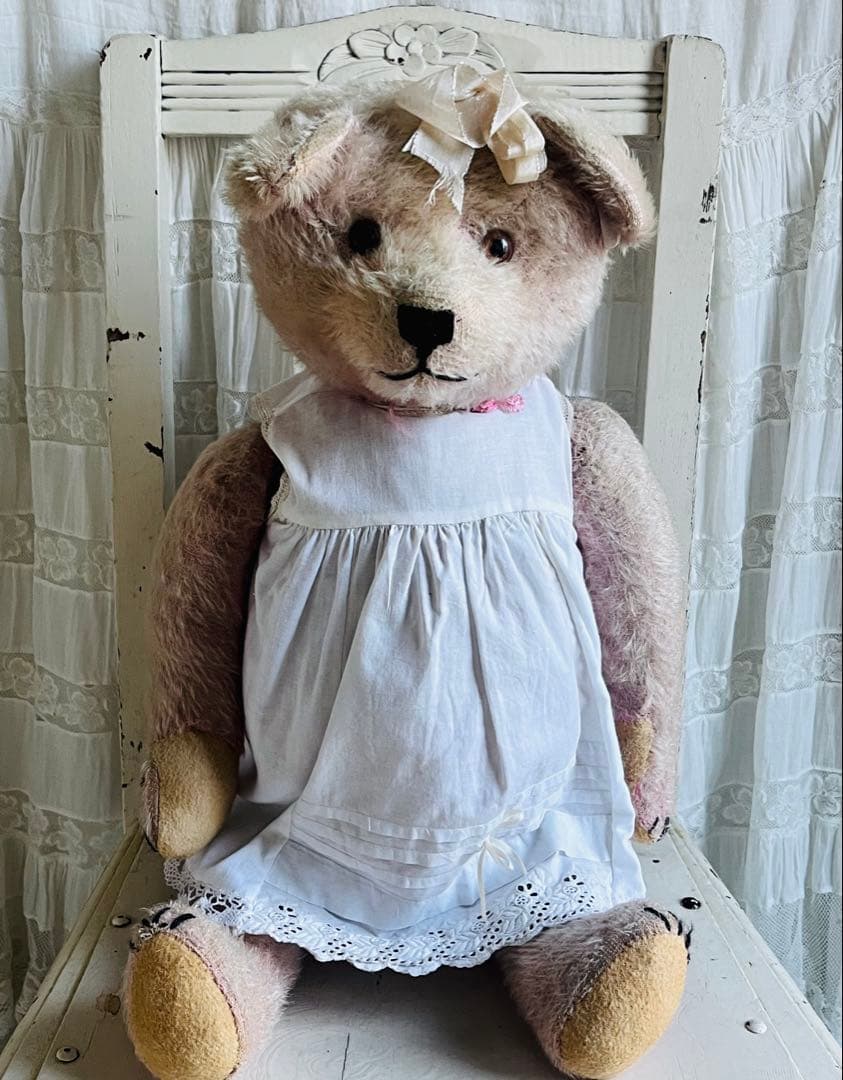 ドイツアンティークビンテージピンクテディベア ぬいぐるみベアビスクドールドレス
