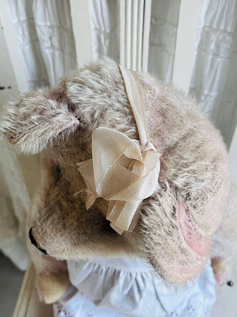 ドイツアンティークビンテージピンクテディベア ぬいぐるみベアビスクドールドレス