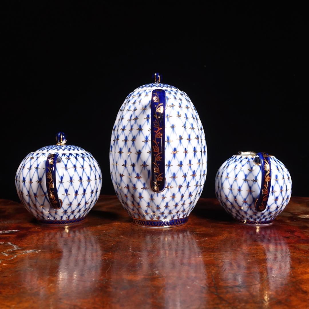 ロモノーソフ LOMONOSOV ソ連時代 コバルトネット トリオ ポットセット