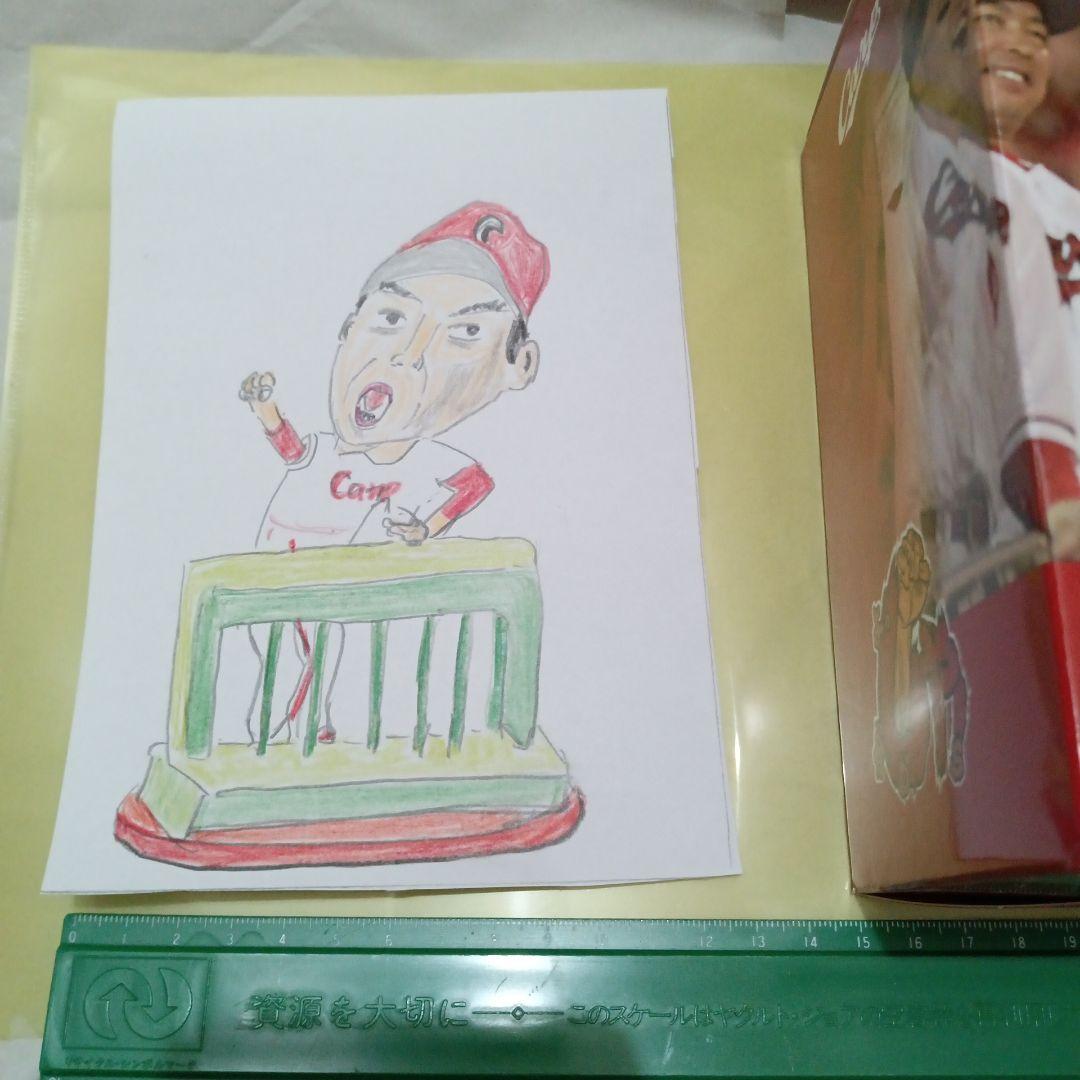 【カープ】新井貴浩監督ボブルヘッド人形　と　人形の絵（へたうまアーティスト作）