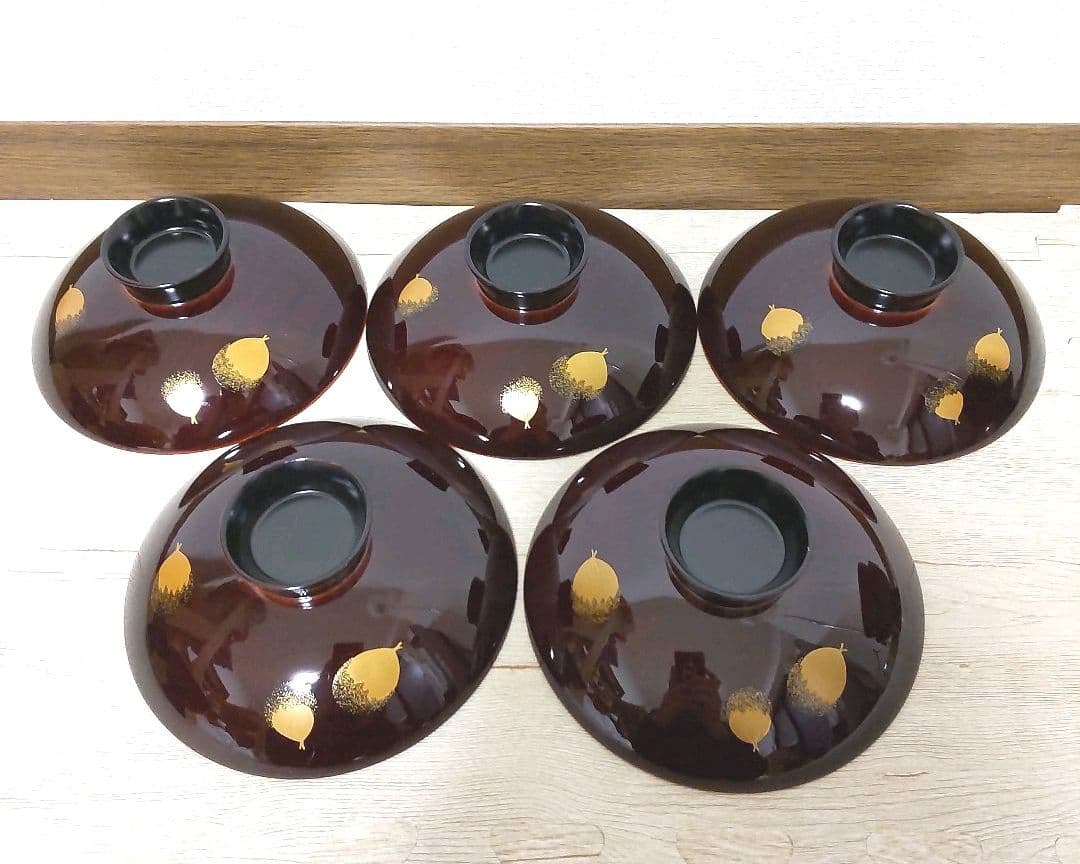 お値下げしました、柏に団栗　蒔絵　吸物椀　5客組