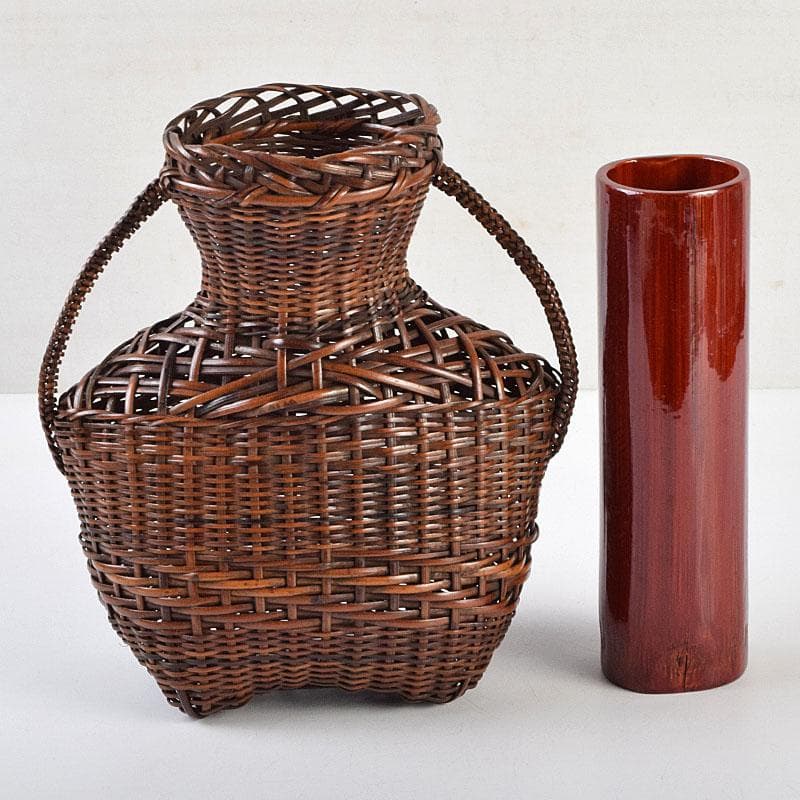 茶道具　吉田ふみ与作　耳付掛花籠　籠花生　時代箱付　V　R9539