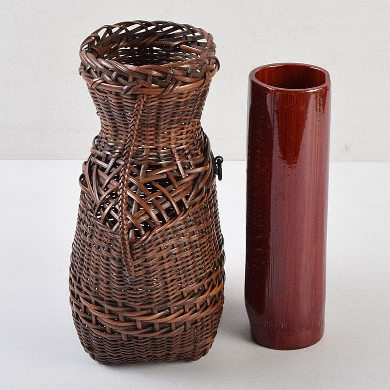 茶道具　吉田ふみ与作　耳付掛花籠　籠花生　時代箱付　V　R9539