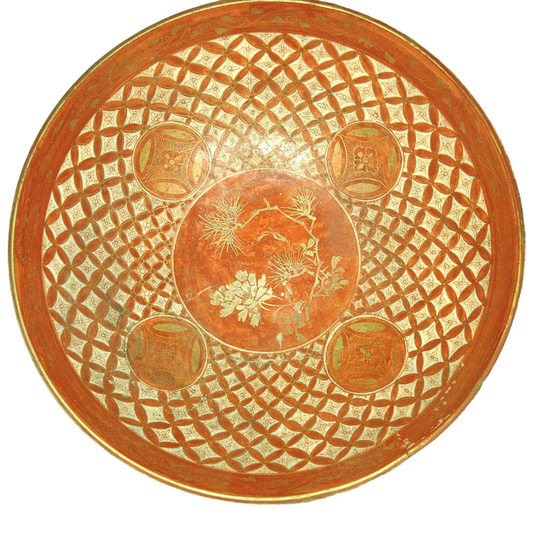 赤絵九谷　幾何学文赤玉赤絵鉢