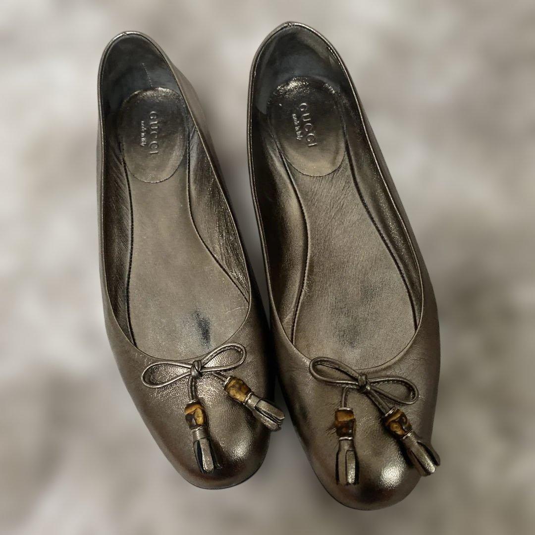 グッチ 36 リボンバレエシューズ ゴールド ブロンズ