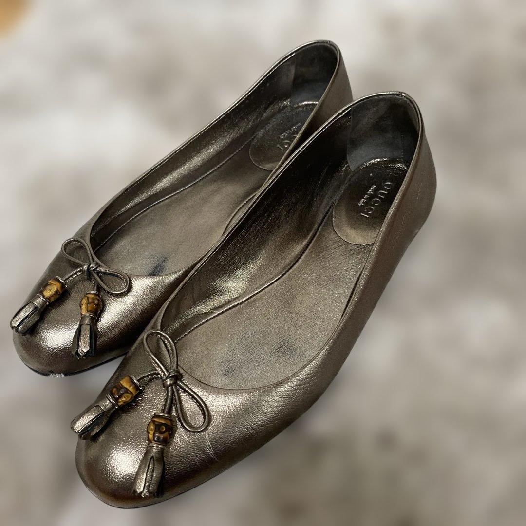 グッチ 36 リボンバレエシューズ ゴールド ブロンズ