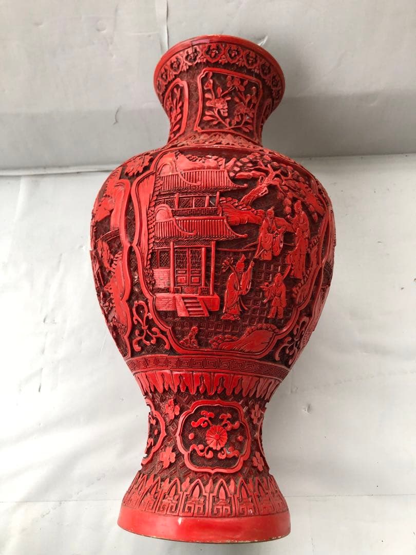 中国美術 人物彫文堆朱花瓶 高48cm 銅製 細密細工 花文 骨董(I95)