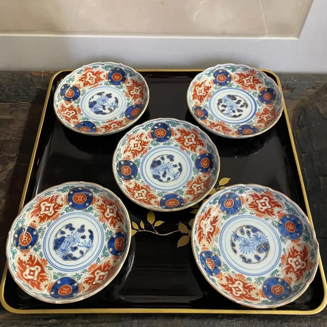 ◆199◆　＊或化年製　江戸時代古伊万里染付　輪花皿5枚　色絵　小皿　骨董