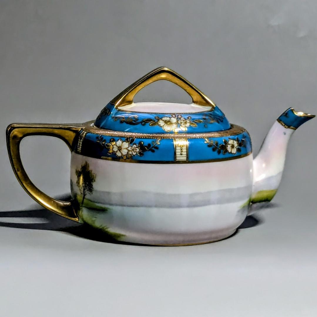 オールドノリタケ ポット ターコイズ 湖畔風景白鳥図 　金彩金盛上 有名パターン