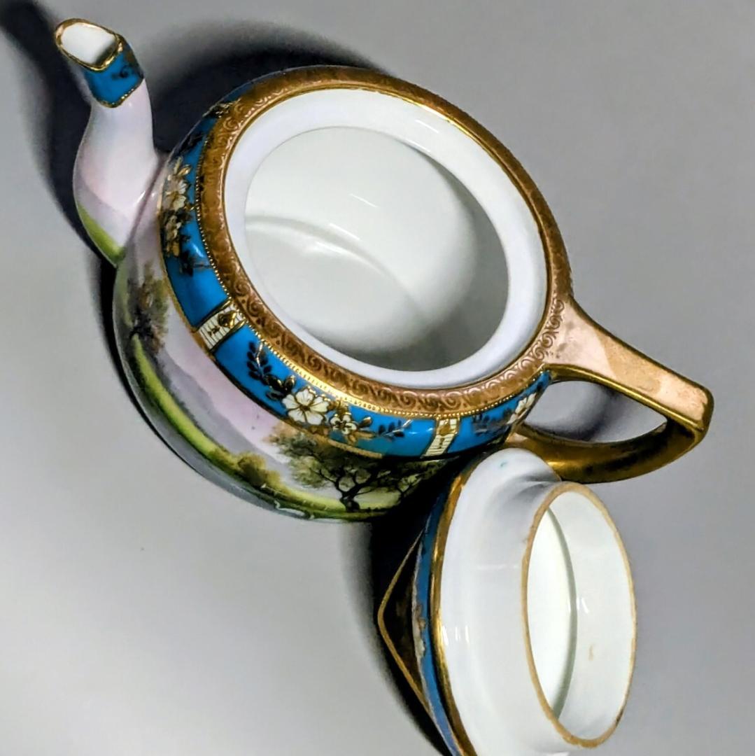 オールドノリタケ ポット ターコイズ 湖畔風景白鳥図 　金彩金盛上 有名パターン