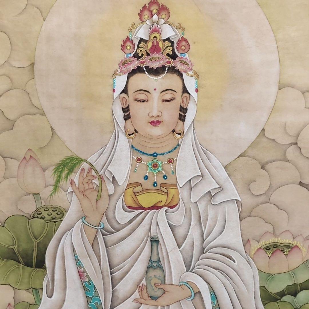 掛け軸 四尺中堂 仇英 観音菩薩 観音像 中国仏画 仏教美術 絹本 証書付