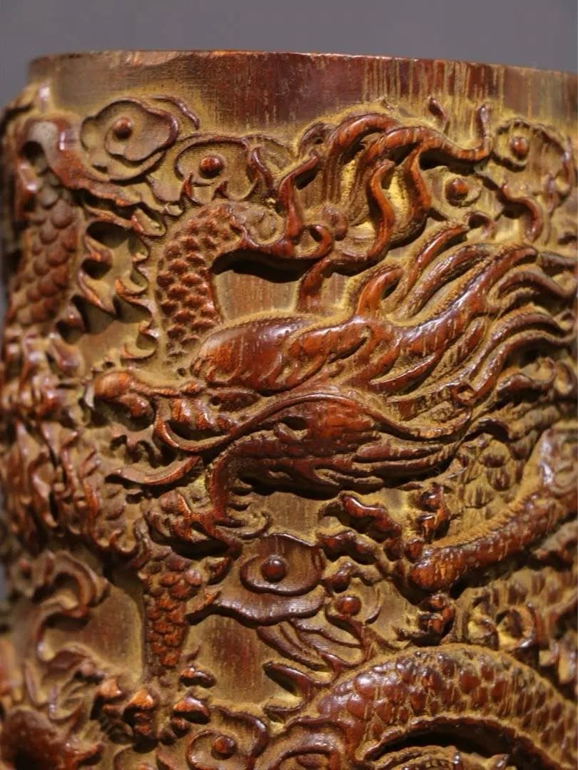 珍蔵　文房具　筆筒 天然　双龍　竹彫り　時代物　文房具　古美術　インテリア　美品
