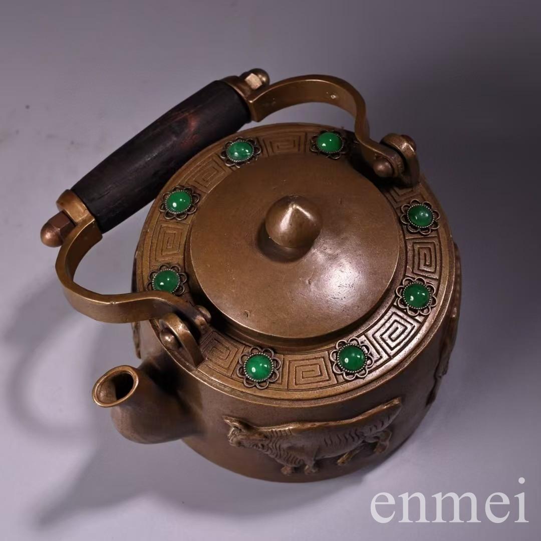 中国古美術・古純銅五牛急須・宝石急須・高浮彫り・純手作り・急須・茶壺・煎茶道具