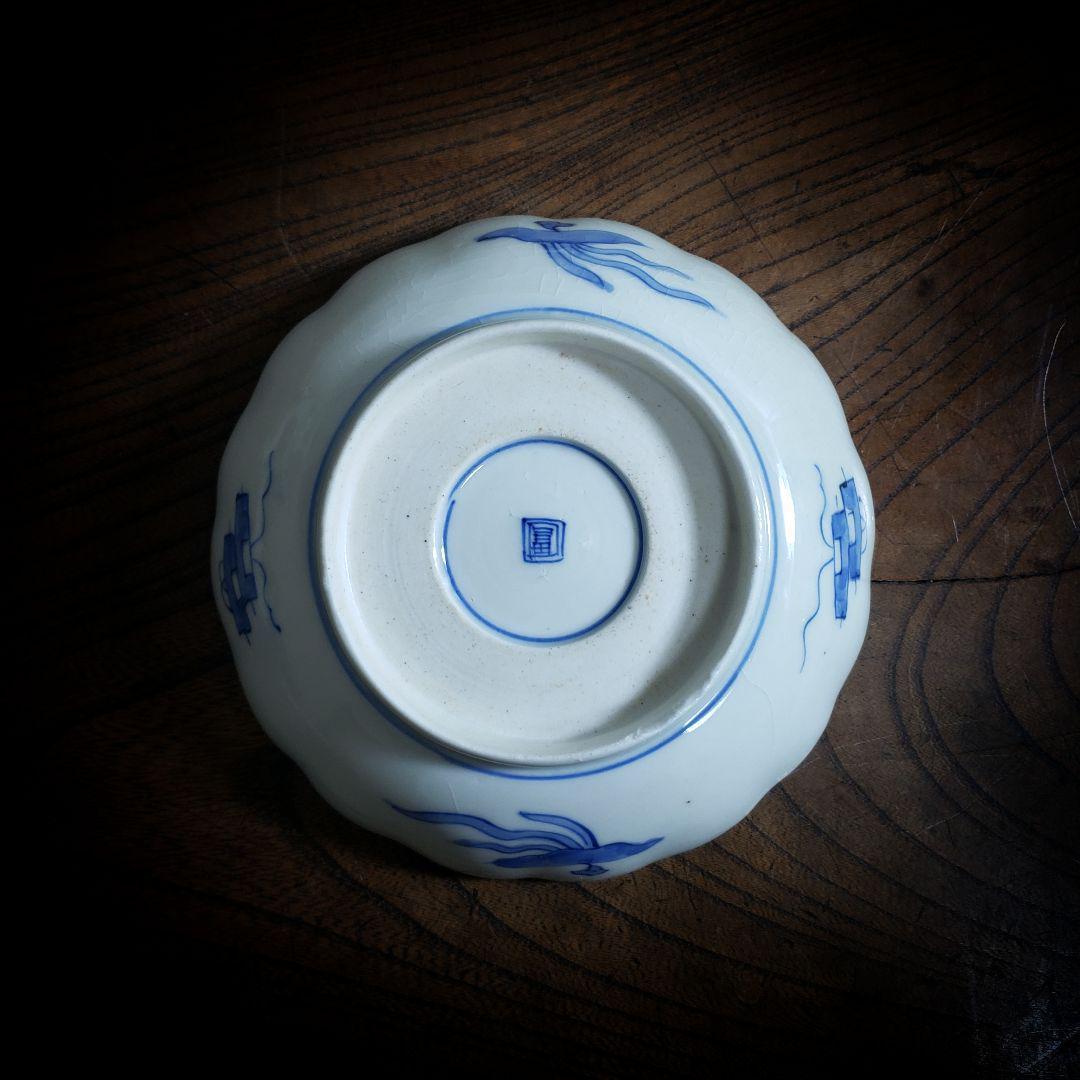 皿 色絵 金彩 牡丹唐草 鶴丸文 二重角富 宝尽くし 桐文花弁縁 古伊万里 ロ号