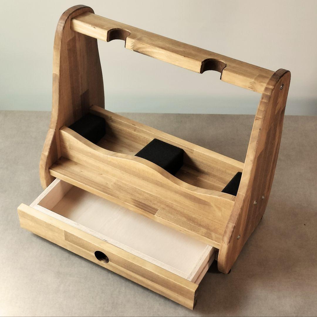 沖縄三線スタンド 正面向き2丁用 引き出し付き 木製 ハンドメイド