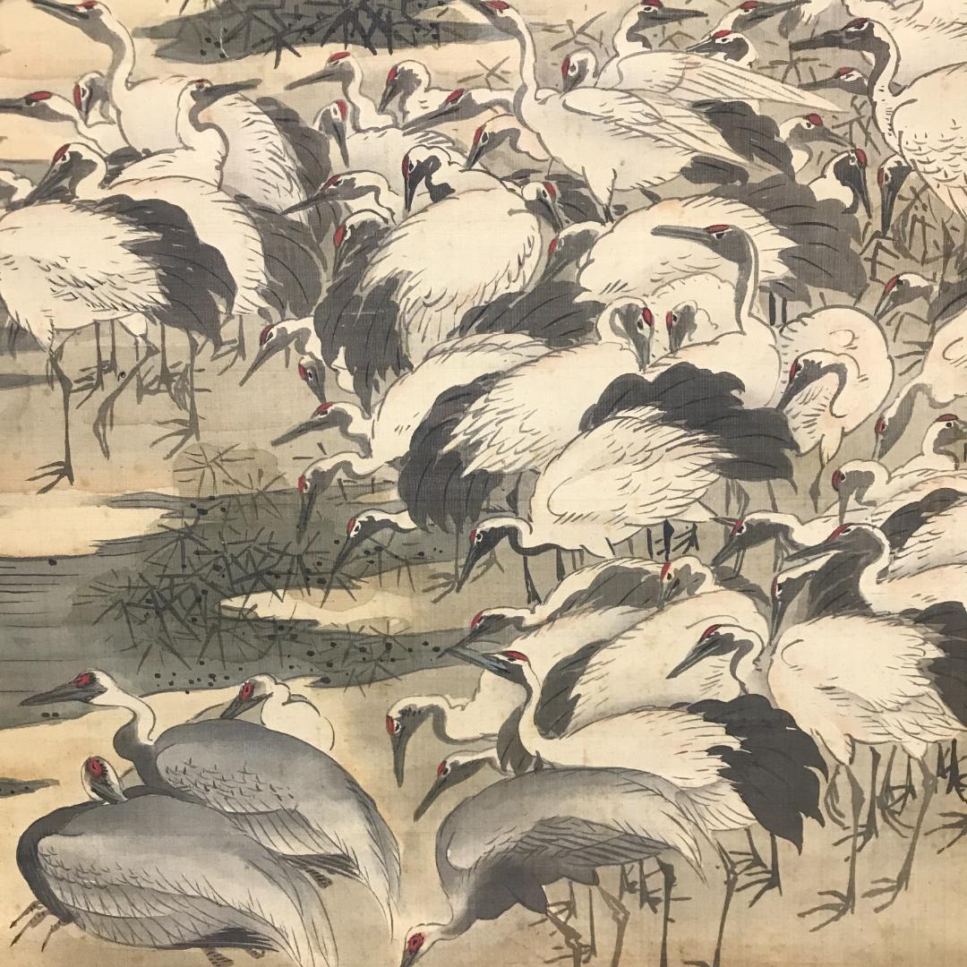 真作/戴文/百鶴図/開運/長寿/鶴/布袋屋掛軸HB-102