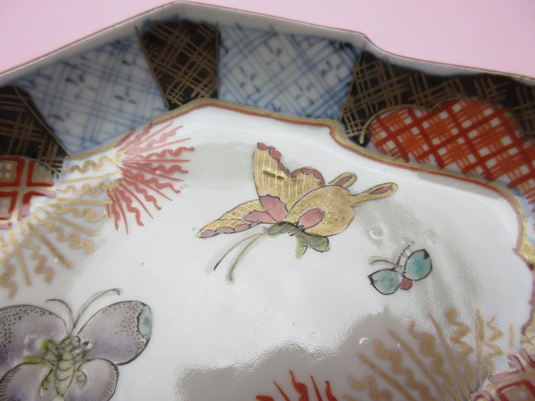 時代 色絵 菱形 蝶紋 刺身皿 向付 5客 アンティーク 古伊万里 70506