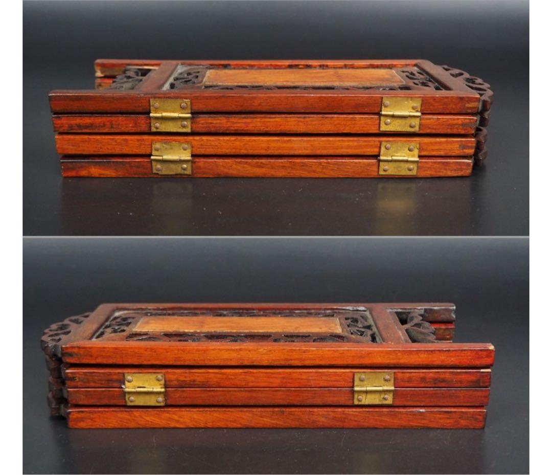 送料無料　時代物　唐木骨彫山水四曲屏風　高22　幅36ｃｍ　中国美術古玩