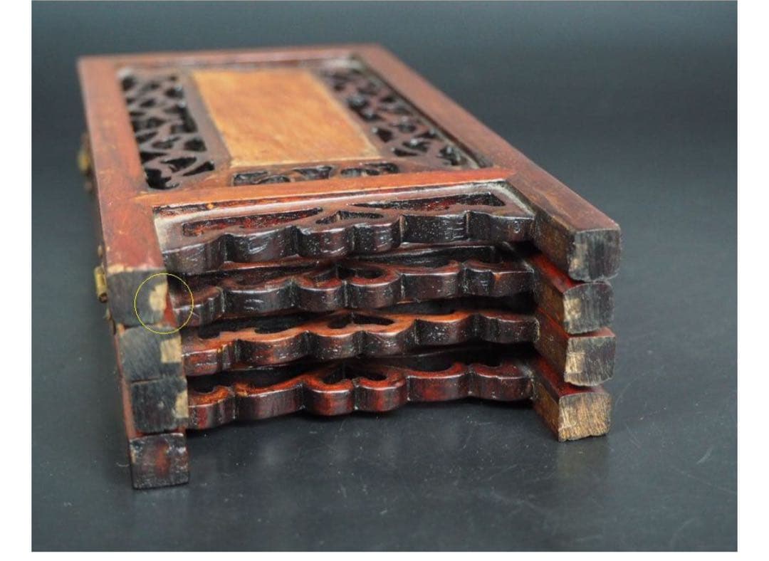 送料無料　時代物　唐木骨彫山水四曲屏風　高22　幅36ｃｍ　中国美術古玩