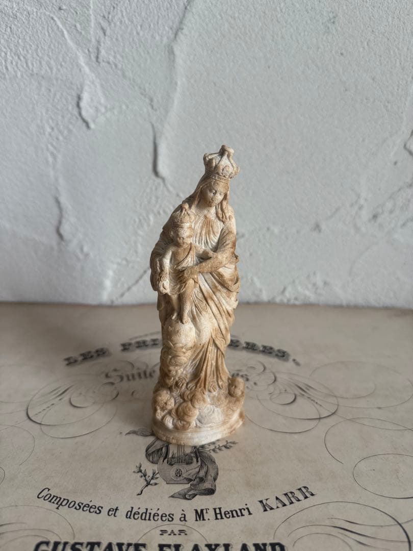 フランスアンティーク　小さなイエスキリスト&聖母マリア像 彫刻 全長14cm