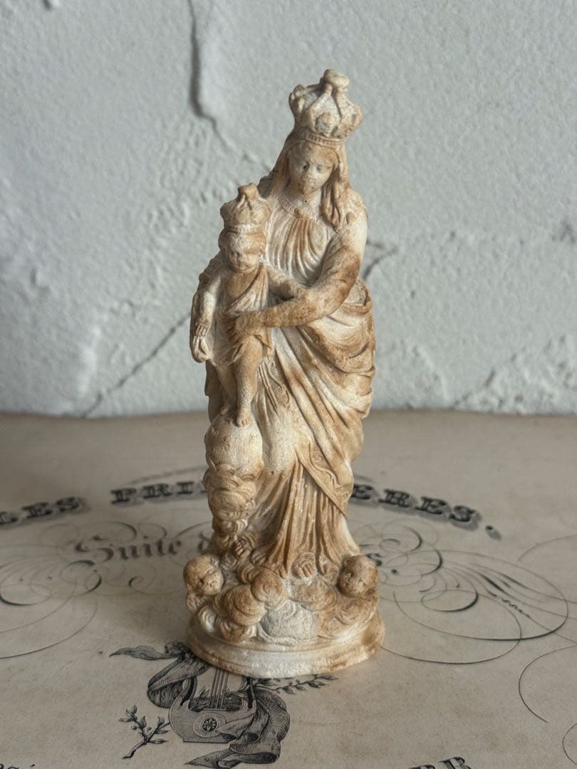 フランスアンティーク　小さなイエスキリスト&聖母マリア像 彫刻 全長14cm