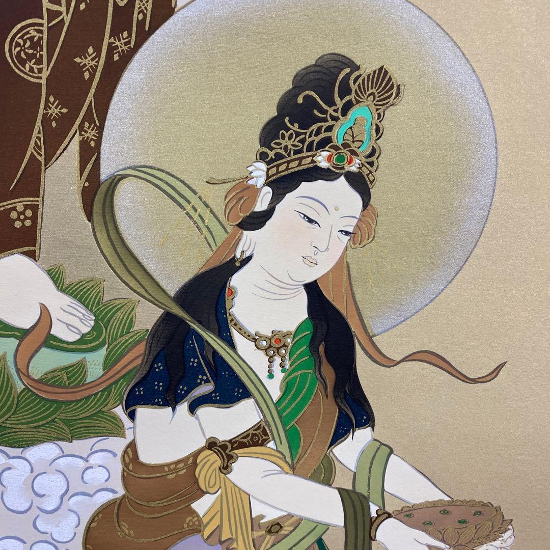 美品 掛け軸 松井翔雲作 金地 三尊佛図 共箱 仏事 年中掛け 仏教美術