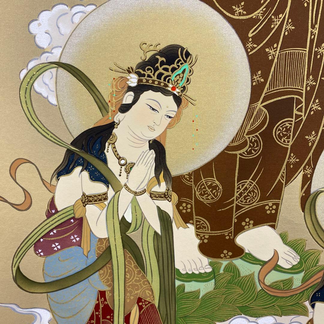 美品 掛け軸 松井翔雲作 金地 三尊佛図 共箱 仏事 年中掛け 仏教美術