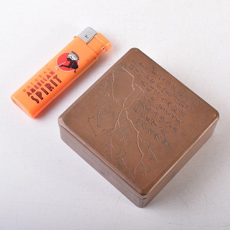 中国　古銅　唐銅　漢詩梅花刻　蓋物　四方箱　墨箱　M　R8649