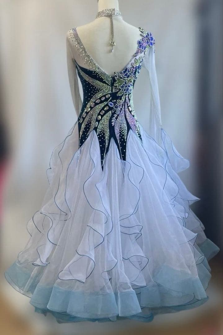 社交ダンス　スタンダードドレス　プリンセス　濃紺ベルベット　M