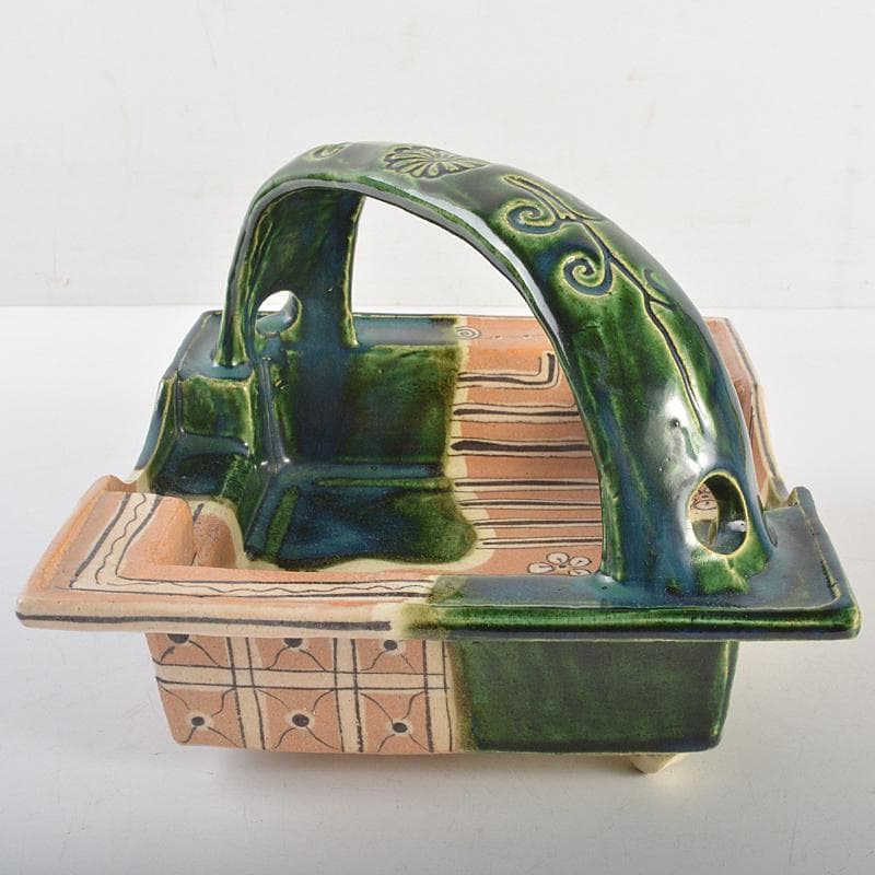 人間国宝　荒川豊蔵作　織部焼　手付鉢　共布　十三代即中斎極め箱　M　R7009B