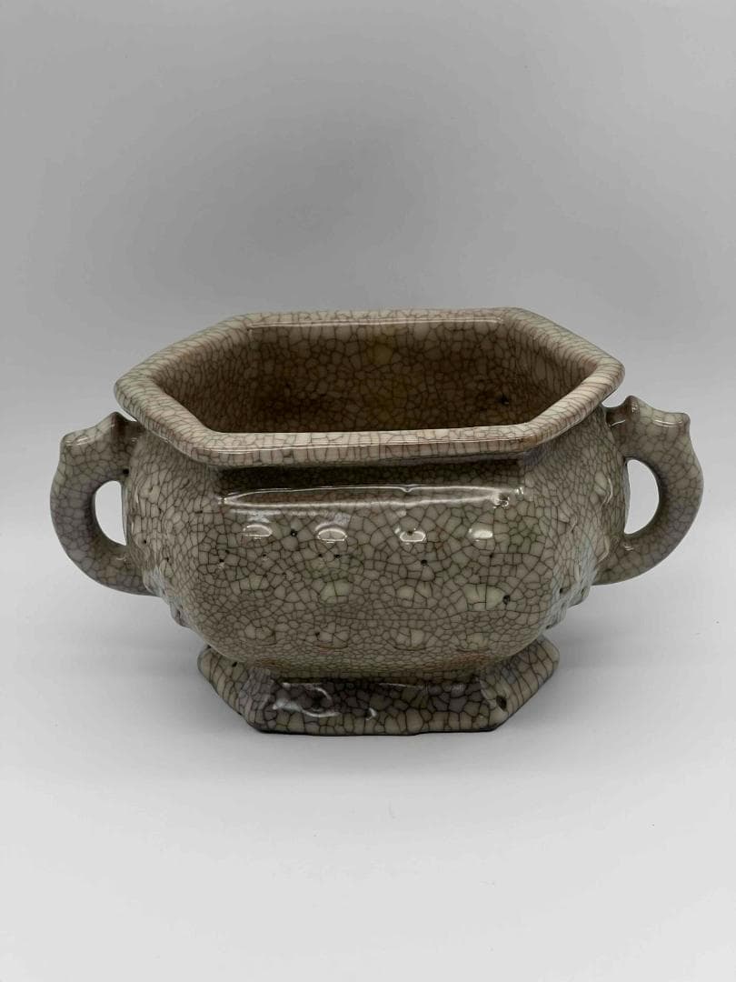 宋時代　青磁　汝官窯 氷裂紋 支釘焼き 双螭龍耳 鼓釘六方香炉(C-61)