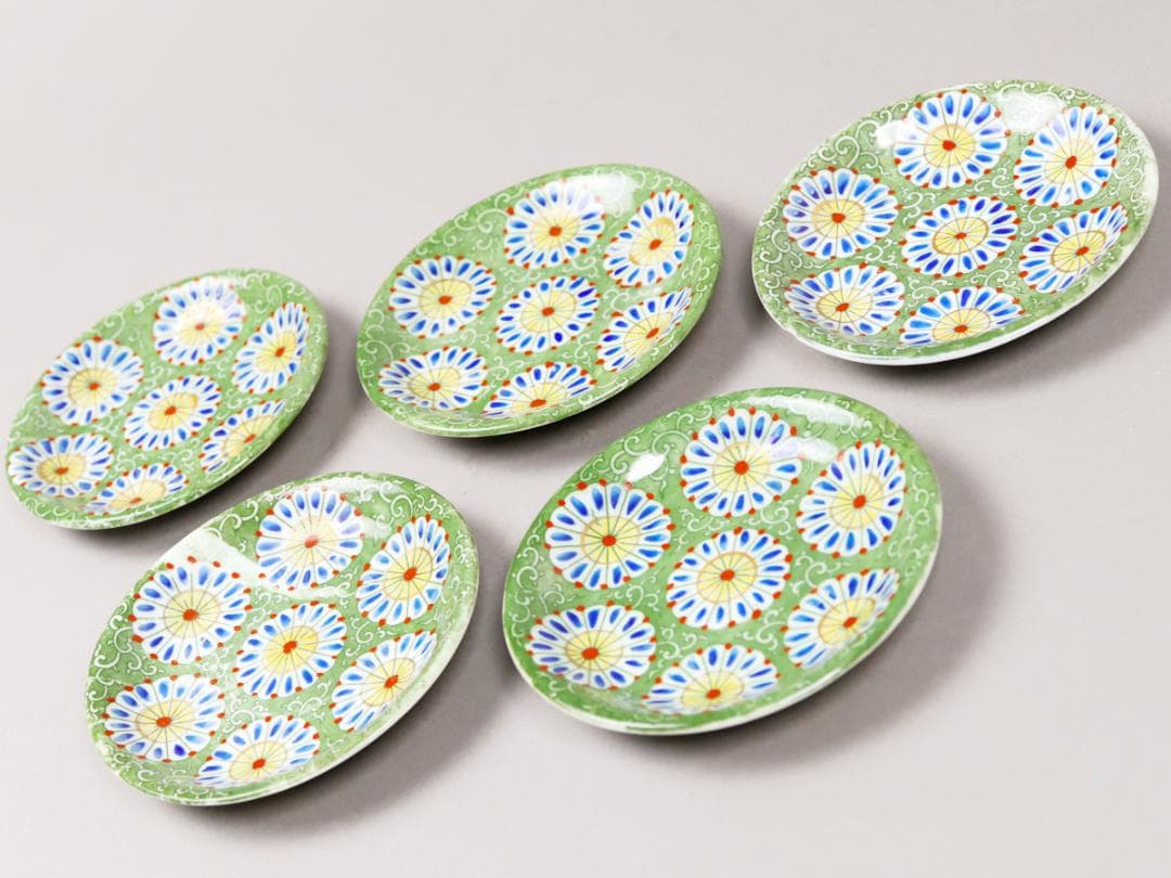 印判菊花緑 4寸皿 5客