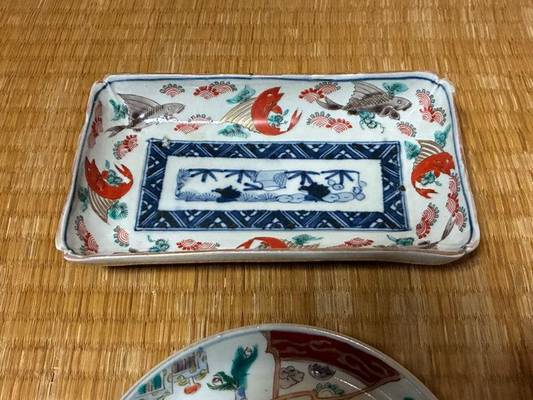 古伊万里 魚紋 風景図 色絵 長皿 丸皿 二点