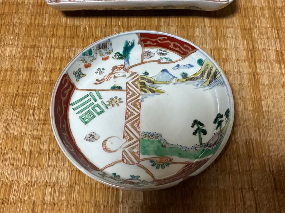 古伊万里 魚紋 風景図 色絵 長皿 丸皿 二点